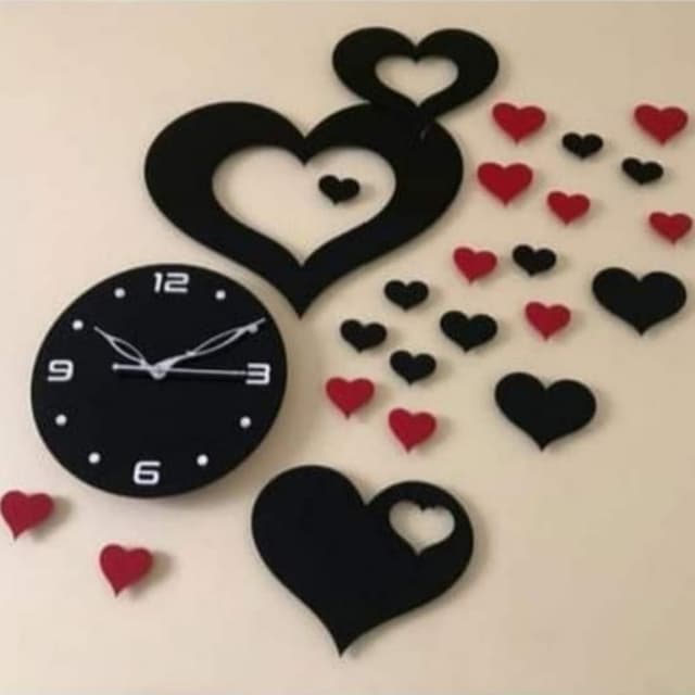 Red and black hearts 3D wooden wall clock