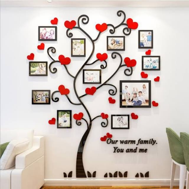 Red heart leaves wooden tree with frames