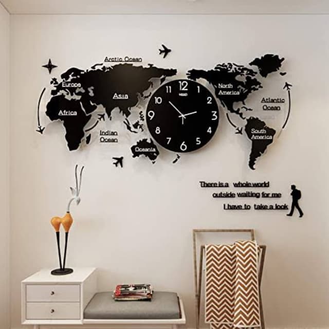 World map 3d wooden wall clock, big size