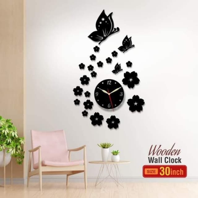 Flower butterfly wooden wall clock, new design